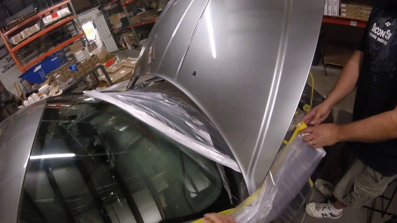 Using Second Skin Plasti-Wrap to tape off the Avenger for Spectrum coating on Hood Project