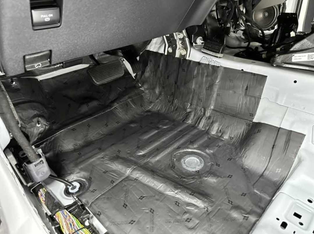 Sound deadening material installed across the Ford Bronco floor pan