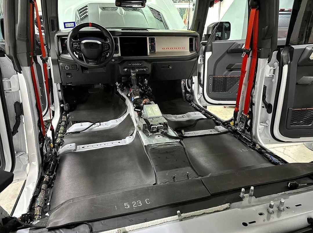 Close-up of mass loaded vinyl layer installed in a Ford Bronco