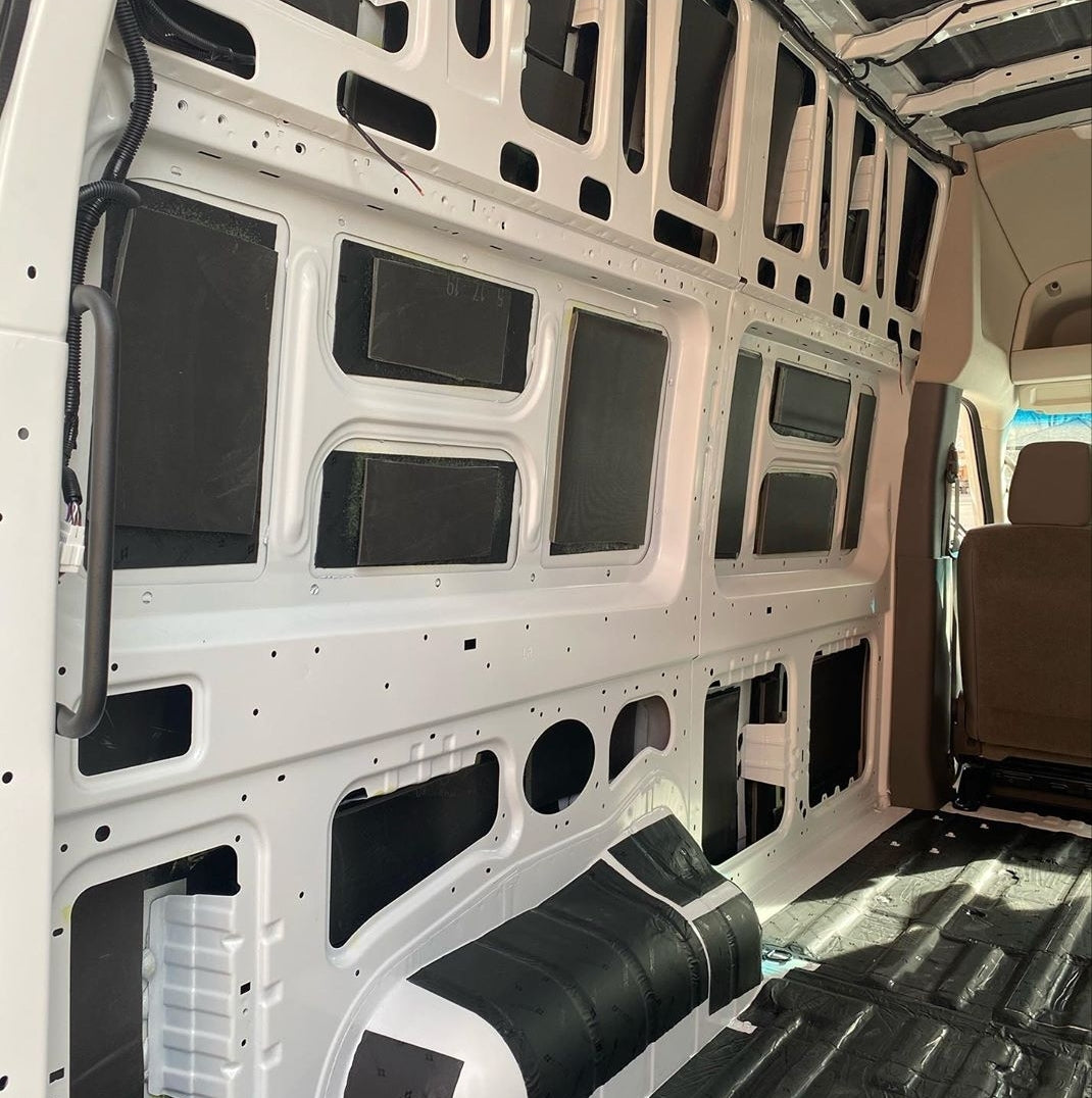 Damplifier Pro and Luxury Liner Pro installed on 2019 Nissan NV3500 van walls and floor