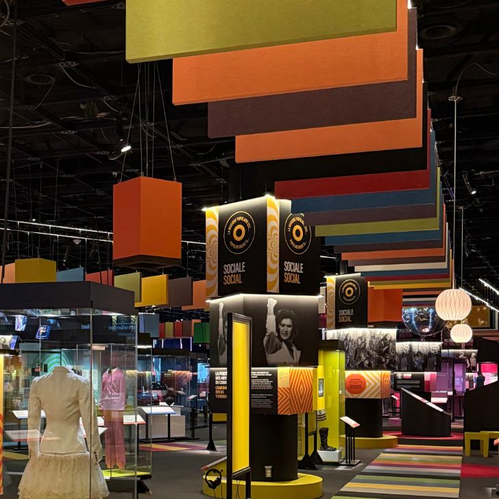 Canadian Museum of History exhibit PolyZorbe vivid baffles over walkway to match colors