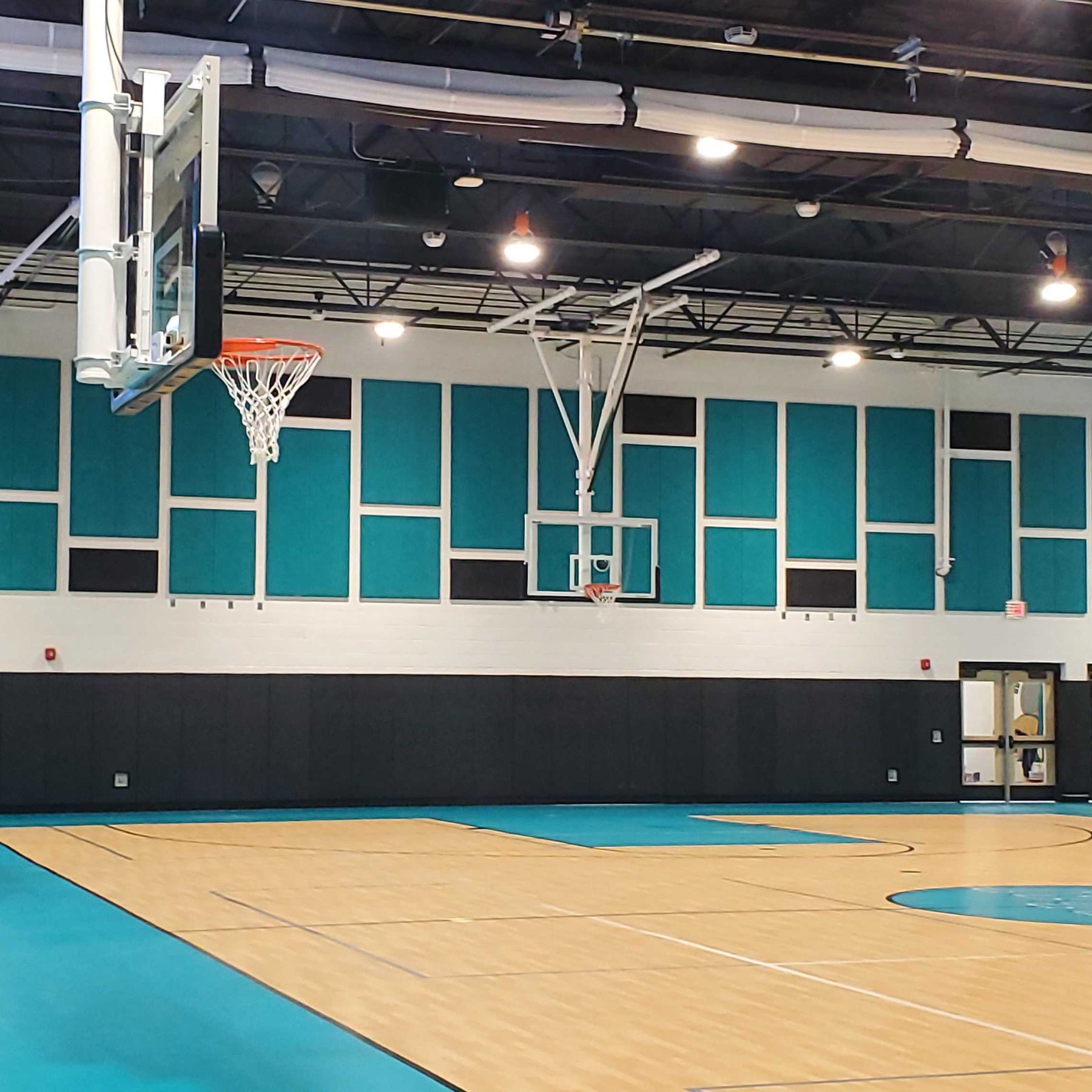 Timberwool acoustic panels installed on gymnasium walls with basketball courts and hoops