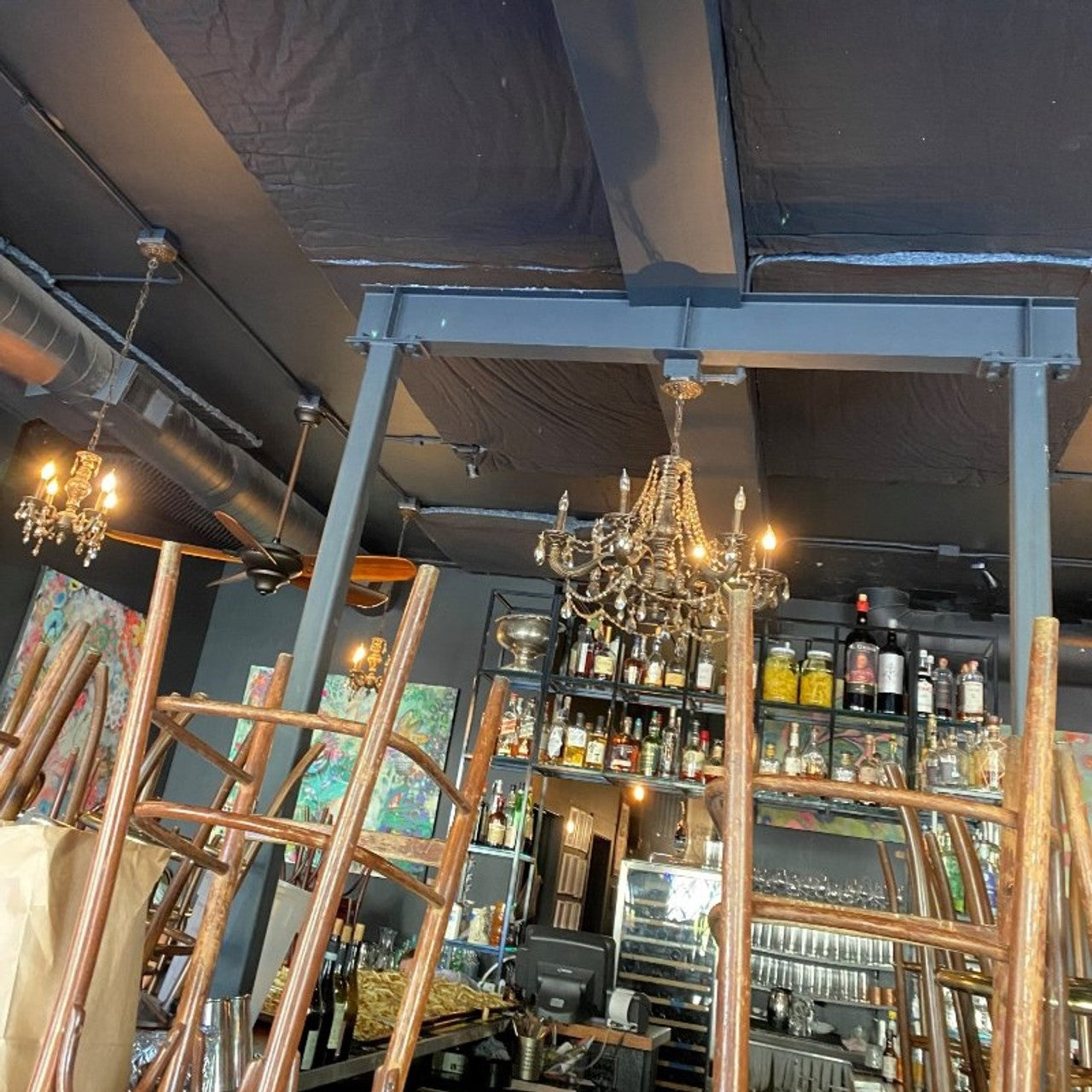 restaurant with ecoverb roll on ceiling to reduce reverb and quiet down the restaurant
