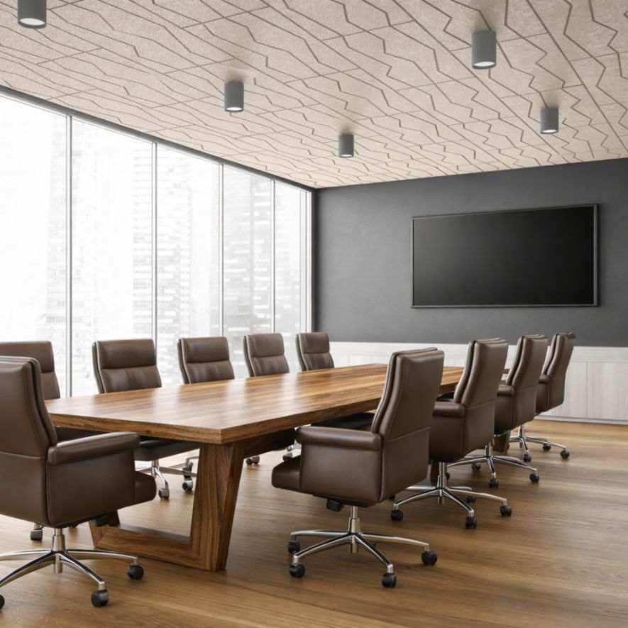 Timberwool Engraved Wood Fiber Acoustic Ceiling Panels in Luxury Conference Room