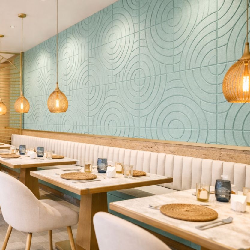 Timberwool Engraved Wood Fiber Acoustic Panels in a coastal seafood restaurant