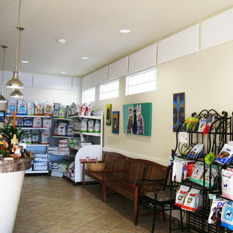 Veterinary clinic retail area with Royal Canin pet food displays, wooden bench, and cat artwork on walls