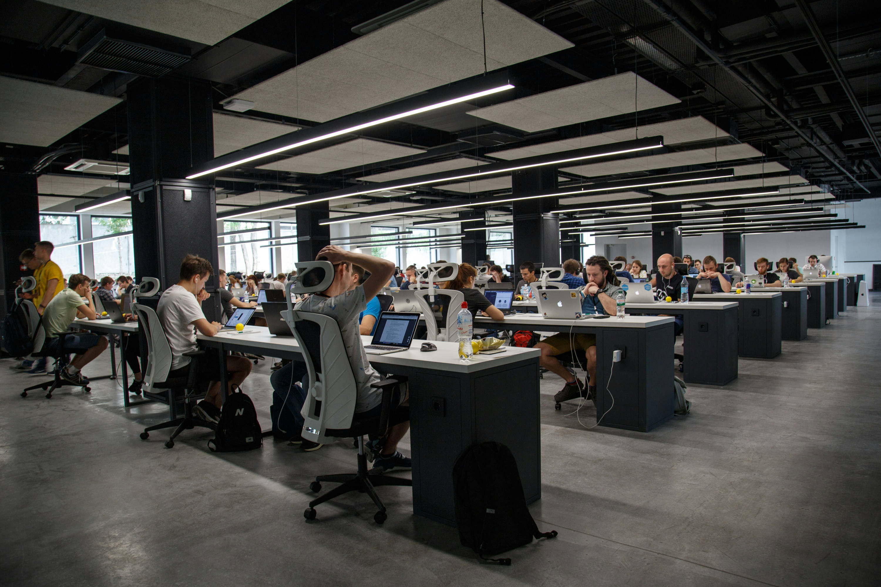 Open-plan office with hanging acoustic baffles on ceiling, workers at laptop desks below