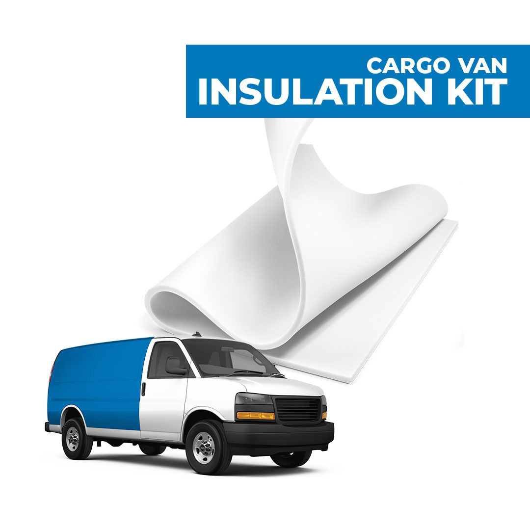 Cargo Van Insulation Kit with white foam insulation sheets and blue cargo van graphic