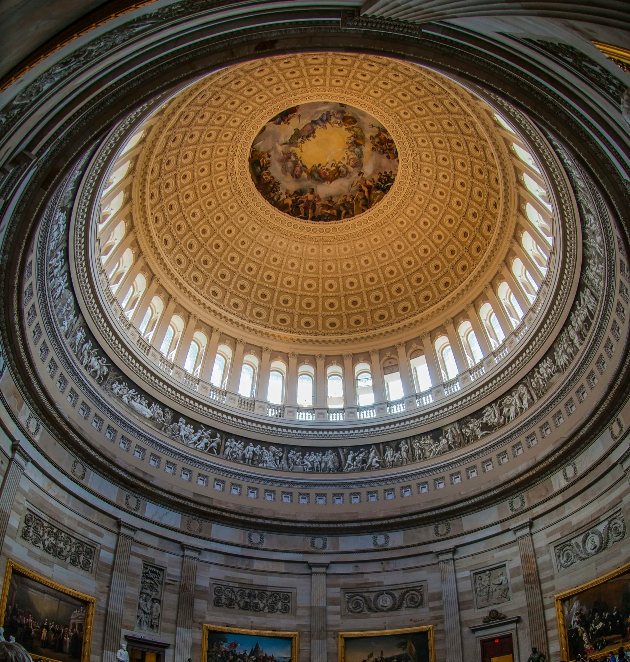 Interior view of a large dome with intricate architectural details