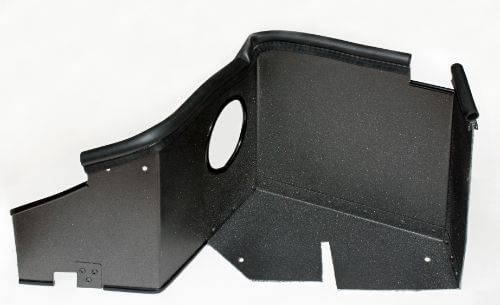 Cold air intake heat shield, black textured finish with circular cutout and mounting slots