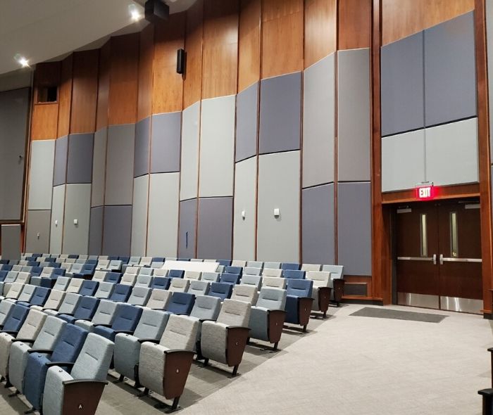fabric wrapped panels on back wall in a church