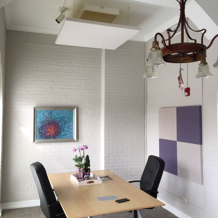 small office with 4 acoustic panels and an acoustic cloud over the table