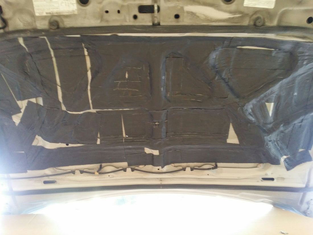 Damplifier Pro sound deadening sheets applied to underside of car hood, step 2 of hood kit installation