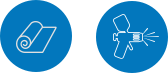 Icons representing sound deadening mats and liquid sound deadener spray application