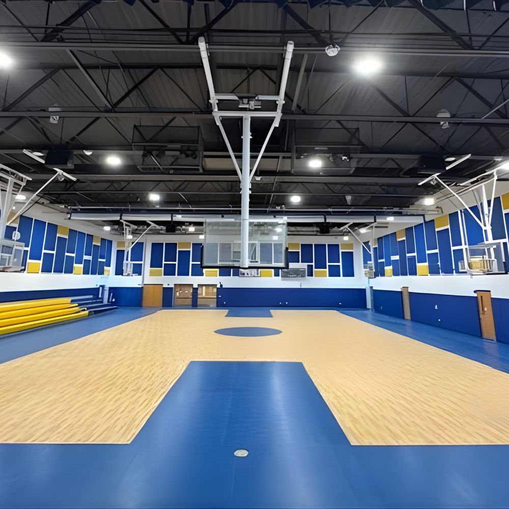 Blue and yellow Timberwool painted acoustic panels in a middle school gymnasium
