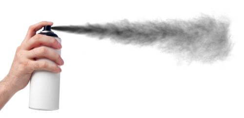 Spectrum liquid sound deadener spraying from aerosol can, grey mist dispersing