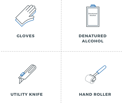 utility knife, hand roller, gloves and denatured alcohol