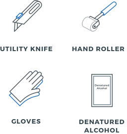 utility knife, hand roller, gloves and denatured alcohol